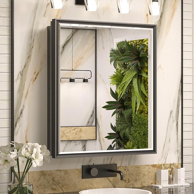 Keonjinn 24” x 30” Black Bathroom Medicine Cabinets with Mirror Recessed or Surface Wall-Mounted Aluminum Alloy Metal Framed Beveled Bathroom Mirror, Large Single Door Farmhouse Storage Cabinet Mirror