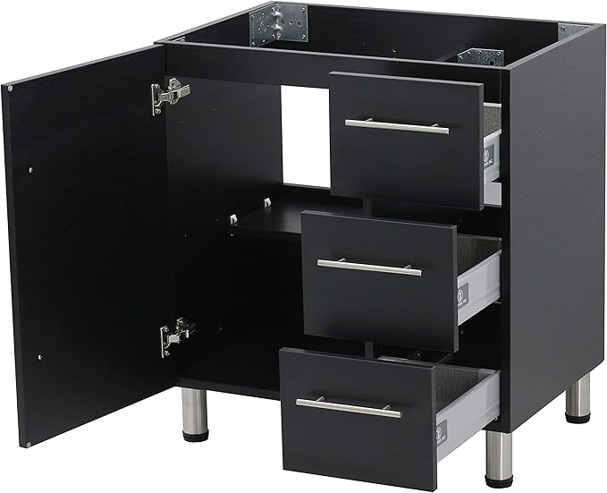 30" Freestanding Bathroom Vanity, Black Texture Embossed. White Integrated Countertop