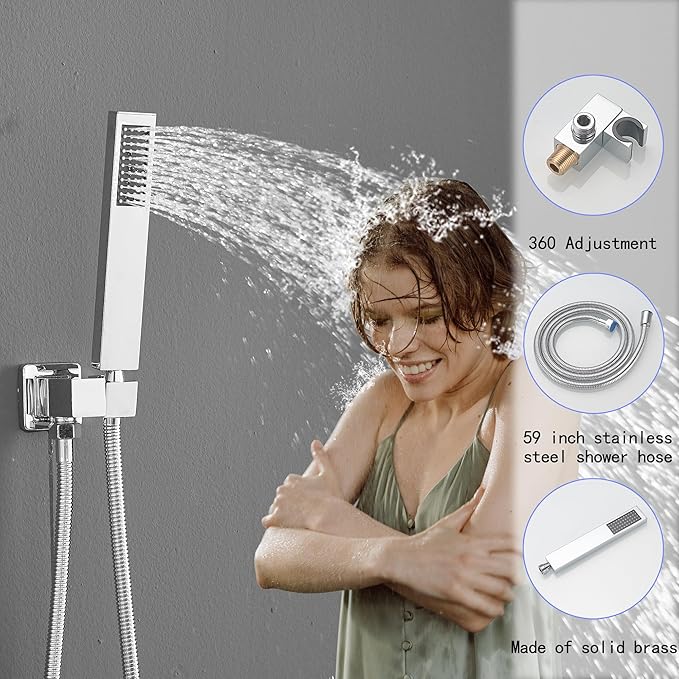 Chrome Shower System, 8 Inch High Pressure Rain Shower with Handheld, Wall Mount Shower Faucet Set for Bathroom, Rough-in Valve Body and Trim Included