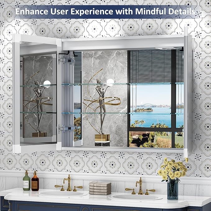 36"×30" Lighted Medicine Cabinet with Mirror, Surface or Recessed Bathroom Mirror Medicine Cabinet with Clock & Temp Display, Defogger, Dimming, Built-in Outlet & USB Ports, Double Door