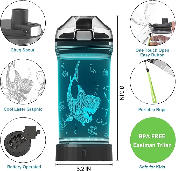 Kids Water Bottle with Shark Design 3D Glowing LED Light-Tritan BPA Free,Perfect for Back-to-School Season, Girls, Boys, Kids, Holiday Camping, Picnic Gifts - 14 oz Travel Mug