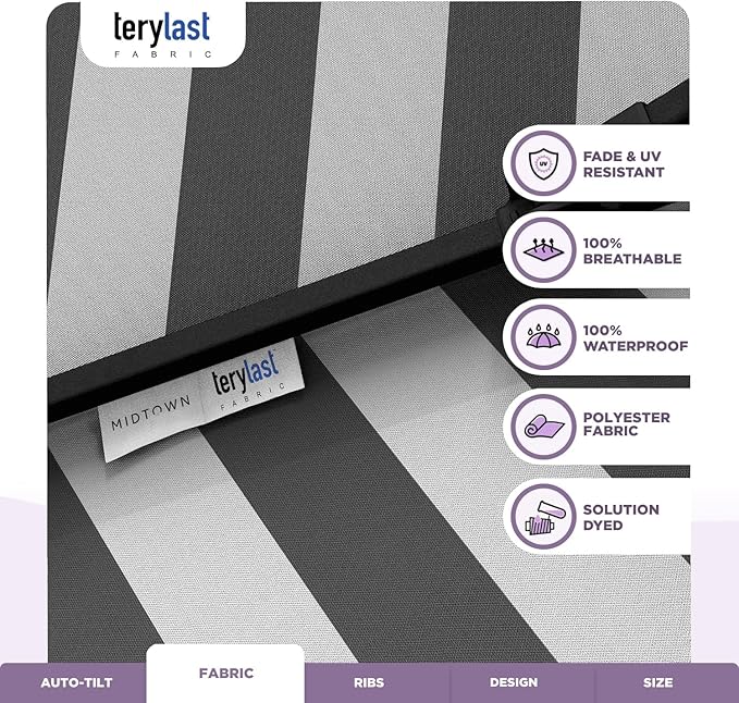 Midtown Umbrellas The Lean 10 Feet Outdoor Umbrella With Terylast Matter Stripes (Grey/White Stripes) Polyester Fabric - Auto-Tilt Aluminum Frame Patio Umbrella For Deck, Garden, Pool - Black Pole