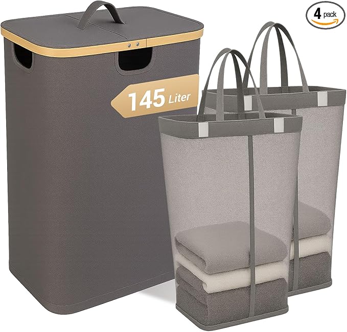 145L Double Laundry Basket with Lid, 2 Section Dirty Clothes Hamper with 2 Removable Bags for Bedroom, Bathroom, Dorm, Gray