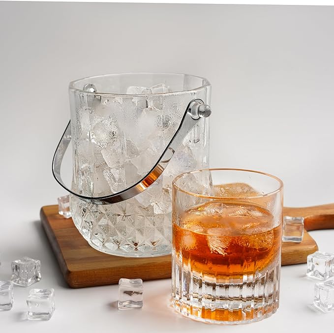 Glass Ice Bucket with Handle and Ice Tong Clear Crystal Ice Buckets for Cocktail Bar Wine Home Bar Accessories Parties Clear Champagne Bucket