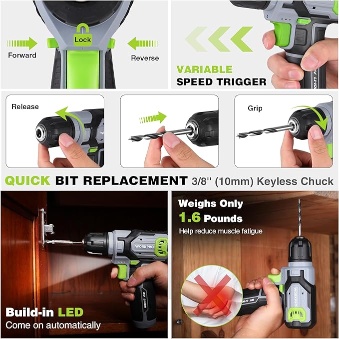 WORKPRO Power Drill Set with Stackable Tool Box, 8V Cordless Drill Driver and Bit Set, 2.0Ah Electric Cordless Screwdriver Kit with 3/8" Keyless Chuck, For Home Repair, DIY