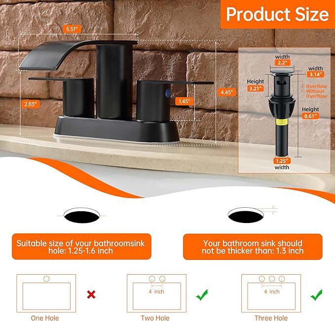 Waterfall Bathroom Sink Faucet 4 Inch Faucet 2 Handle Lead-Free Black, Bathroom Faucet with Water Supply Lines Pop Up Drain, 2 or 3 Holes Bathroom Basin Lavatory Mixer Tap with Deck Mount Plate