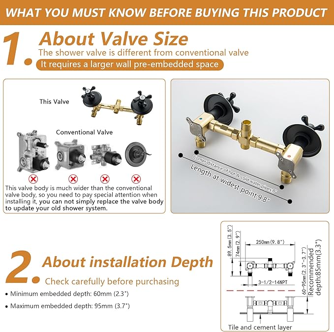 2 Handle Shower Faucet Set, Matte Black Shower Faucet Set 2 Knobs, Two Handles Bath Tub Shower Faucets Sets Complete Wall Mounted Brass Valve and Trim Kit