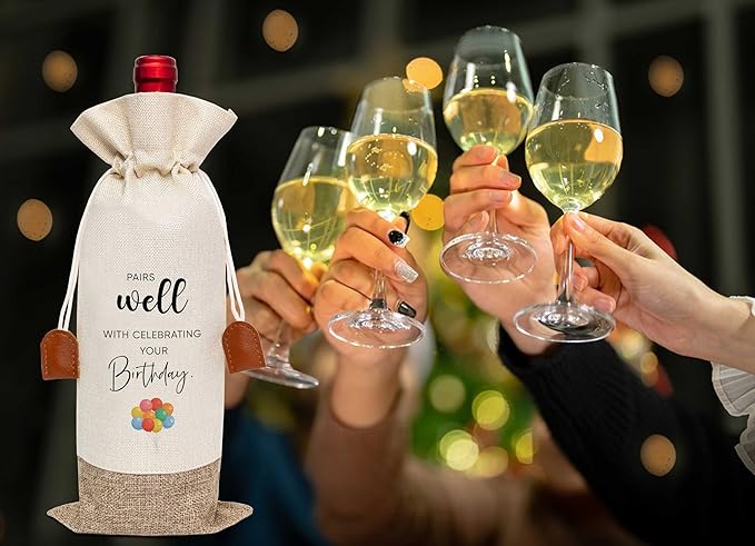 Funny Birthday Wine Bag, Cotton Linen Wine Gift Bag With Drawstring, Wine Champagne Bottle Gift Bag, Birthday Gifts Ideas for Men Woman Her Girl Friend Sister, Birthday Party Favors-35