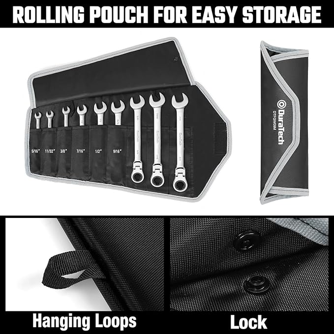DURATECH 9-Piece Flex-Head Ratcheting Wrench Set, Combination Wrench Sets, 72 Tooth, SAE, 5/16'' to 3/4'', CR-V Steel, Mirror Polished Chrome Plated with Rolling Pouch