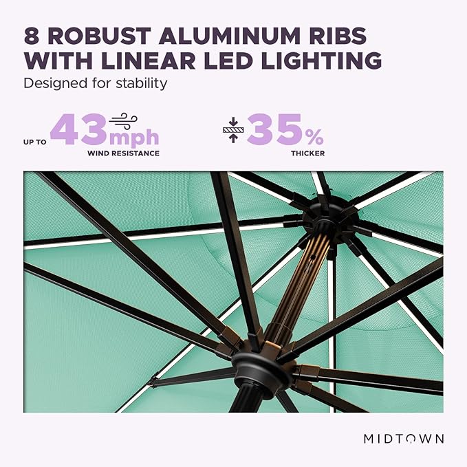 Midtown Umbrellas The LED Swilt 10 Feet Patio Umbrella With Sunbrella Canvas Glacier Acrylic Fabric - Auto-Tilt Aluminum Frame With LED Lights For Backyard, Deck, Garden, Pool - Black Pole