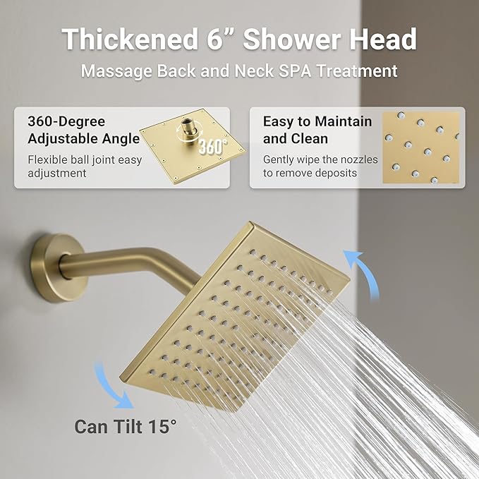 Dasan Brushed Gold Dual Shower Heads System with Ceiling 12-Inch Rainfall Shower & Wall Mount 6-Inch High Pressure Shower Head, Full Body Dual Shower Head Set