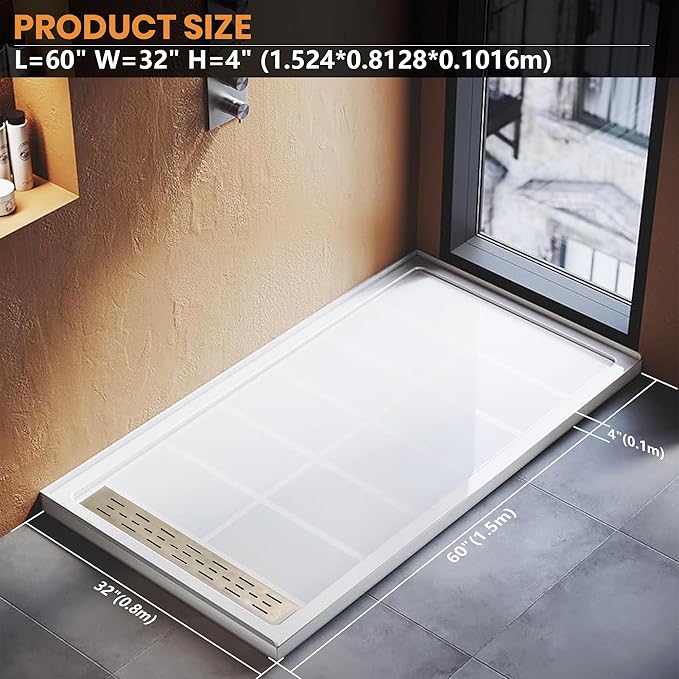 Shower Base Pan in White Left Linear Drainer, Rectangular Shower Base 60"×32"×4" with Non-Slip Floor Panel and Stainless Steel Shower Drain Cover