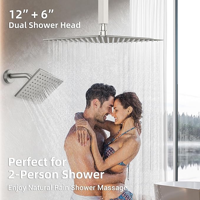 Dasan Brushed Nickel Dual Shower Heads System with Ceiling 12-Inch Rainfall Shower & Wall Mount 6-Inch High Pressure Shower Head, Full Body Dual Shower Head Set