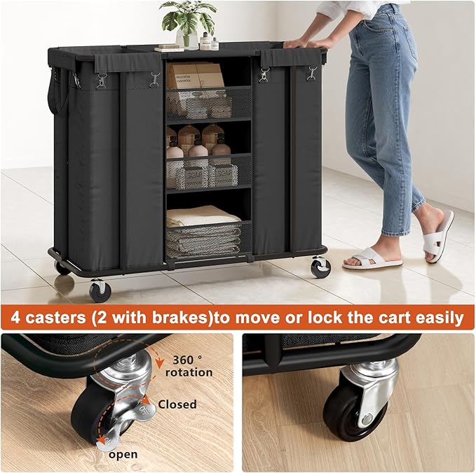 WOWLIVE Laundry Sorter 2 Section 200L Rolling Laundry Hamper with Hanging and Removable Bags Laundry Cart with Steel Frame and Storage Unit Large Basket Organizer for Dorm Room, Bathroom (Black)