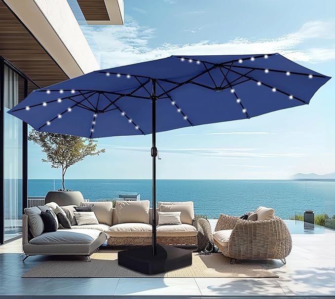 PHI VILLA 15ft Large Patio Umbrella with Solar Lights, Double-Sided Outdoor Market Rectangle Umbrellas with 36 LED Lights, Umbrella Base (Stand) Included, Haze Blue