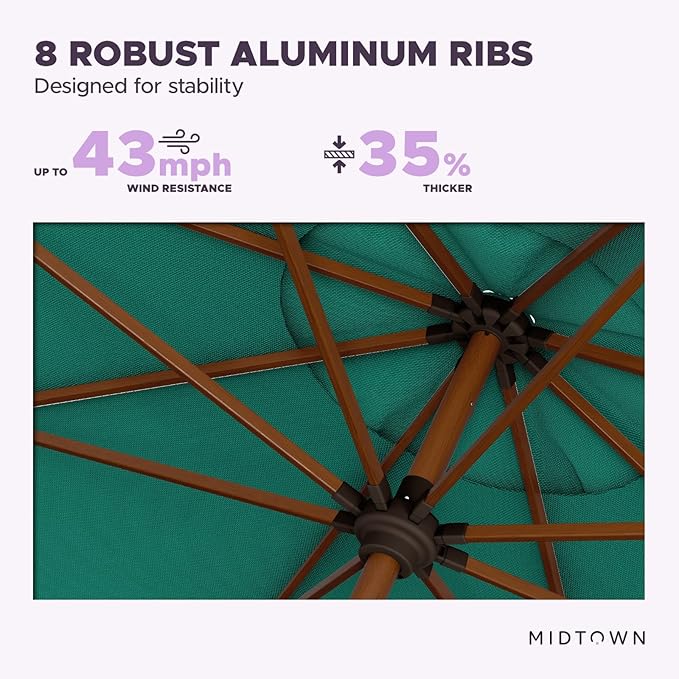 Midtown Umbrellas Sunbrella Umbrella Large Patio Umbrella 2-10 Feet in Canvas Teal Fabric Auto-Tilt Aluminum Frame Backyard Umbrella, Deck Umbrella, Garden Umbrella & Porch Umbrella - Wooden Pole