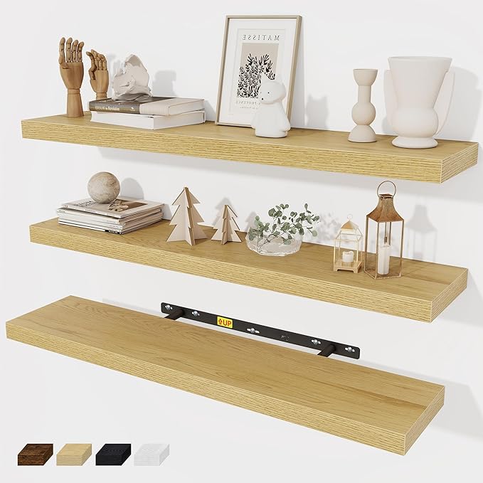 Fun Memories 32 Inch Floating Shelves Wall Shelf Set of 3, Rustic Farmhouse Home Decor Kitchen Living Room Shelves Wall Mounted, 32 x 6.7 x 1.4 Inch, Oak Color