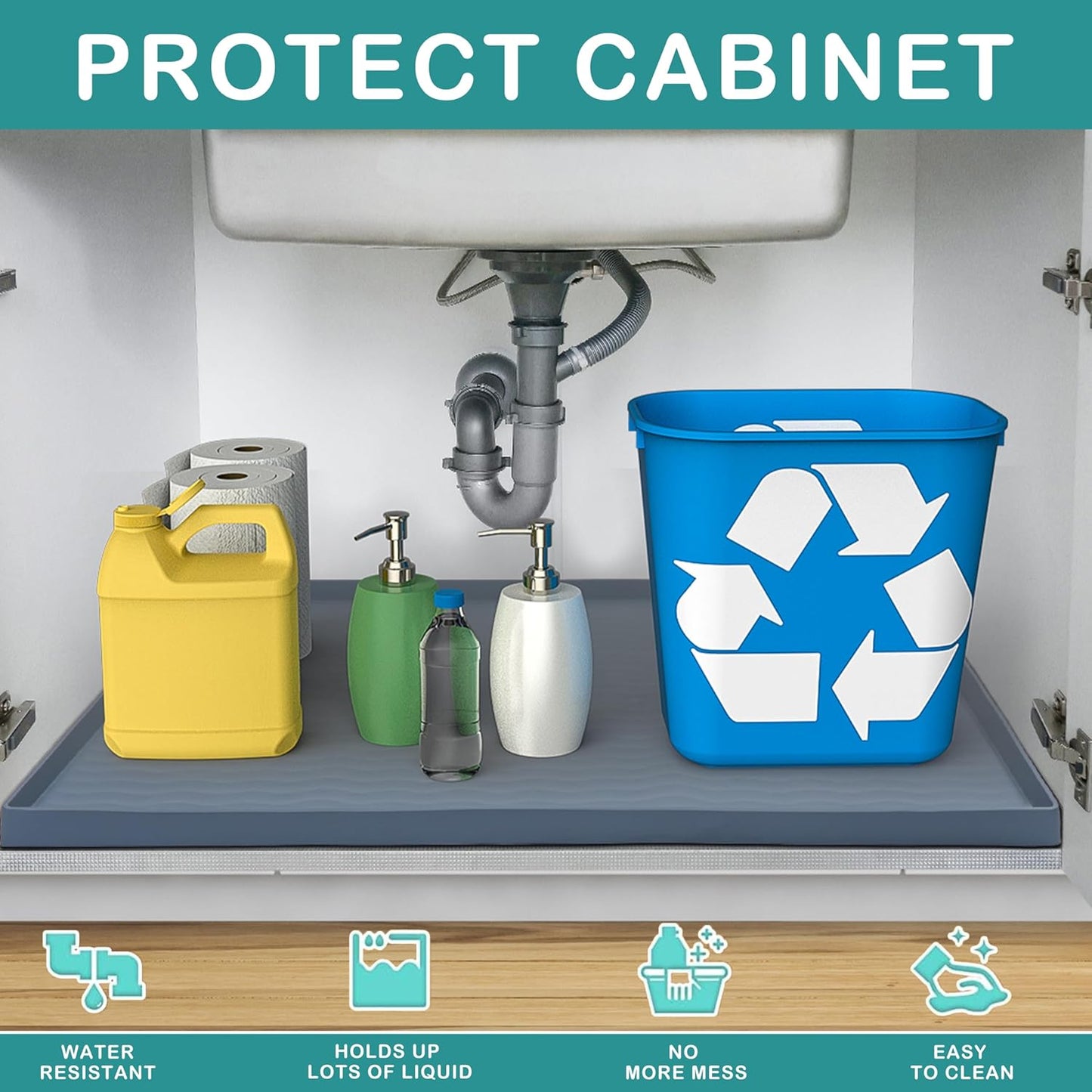 URMONA Waterproof Silicone Under Sink Mat 22'' x 22'' Shelf Liner for Kitchen and Bathroom, Cabinet and Counter Protector, Storage and Organizers, Litter Mat, Pet Cat Puppy Essentials(Cream)