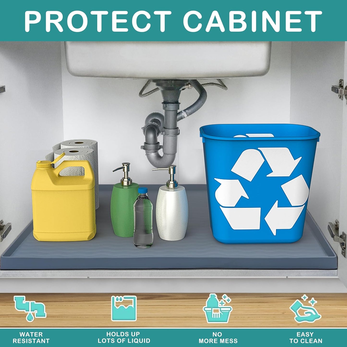 URMONA Waterproof Silicone Under Sink Mat 19'' x 19'' Shelf Liner for Kitchen and Bathroom, Cabinet and Counter Protector, Storage and Organizers, Litter Mat, Pet Cat Puppy Essentials(Cream)