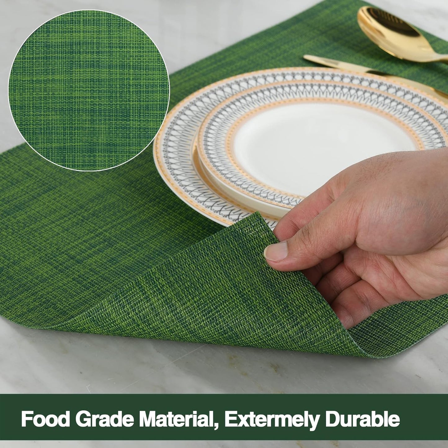 Green Placemats Set of 6 - Wipe Clean Vinyl Placemats - Washable Heat Resistant PVC Table Mats for Dining Table - 17x12 Inch (Green, 6)