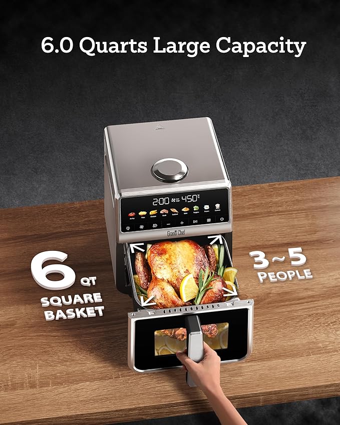 Air Fryer, 6 Qt, Stainless Steel Air Fryer, Stainless Steel Housing& Full Metal Inner Pot, PTFE and PFAS Free, 9 Digital One-Touch Cook Functions,120°F~450°F, 1700W