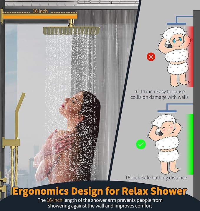 SR SUN RISE 12 Inches Bathroom Luxury Rain Mixer Shower Combo Set Wall Mounted Rainfall Shower Head System Brushed Nickel Finish Shower Faucet Rough-In (12 Inch, Brushed Gold)