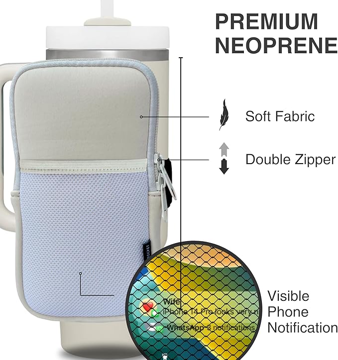 Water Bottle Pouch for Stanley Cups with 20oz 30oz 40oz Stanley Quencher Adventure & Stanley IceFlow, Gym Accessories for Women Tumbler Pouch with Strap & Zipper Cup Purse for Card Keys (Cream, Large)