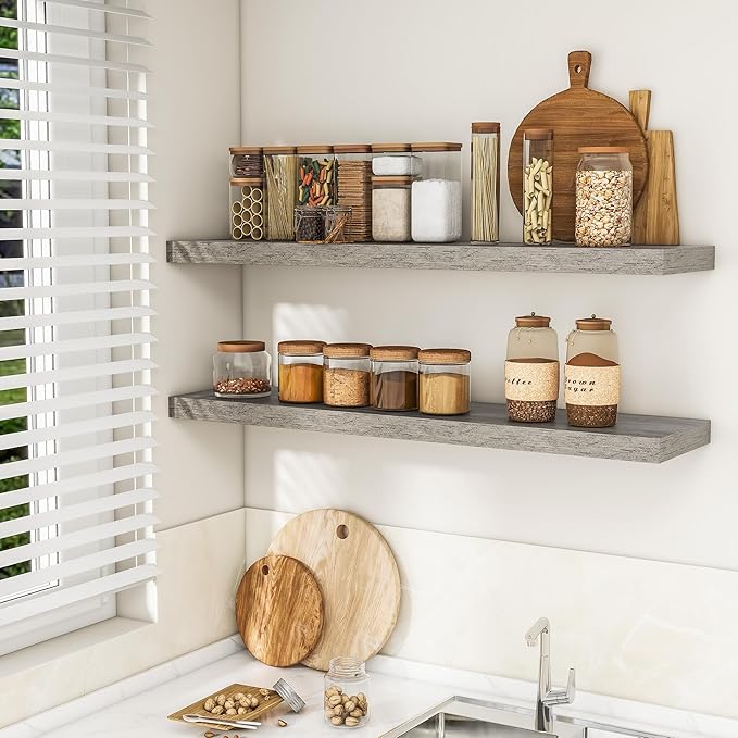 RICHFOCUS 48Inch Floating Shelves for Wall 1 Pack Shelves for Bedroom|Kitchen|Bathroom Wall Mounted Rustic Wood Floating Shelf with Invisible Brackets for Books|Storage|Decor, Grey