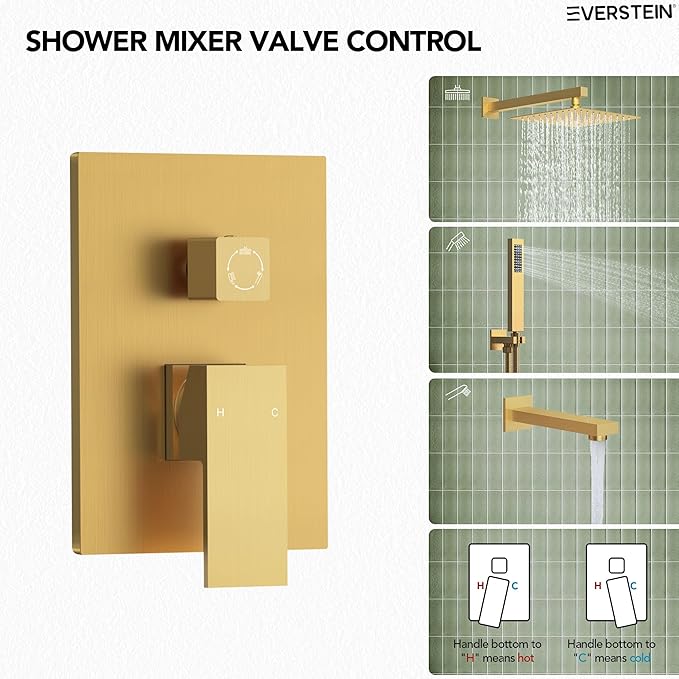 Shower Tub Faucet Set, 10" Bathroom Rainfall Shower Head Fixtures Combo with Handheld Spray and Tub Spout, Brushed gold