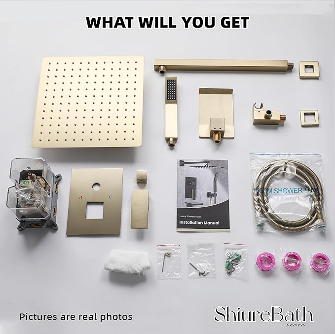 10 Inch Shower Faucet Set with Tub Spout Wall Mounted Shower System for Bathroom with High Pressure 10 Inch Rain Shower head and Handheld Shower Head Set, Brushed Gold