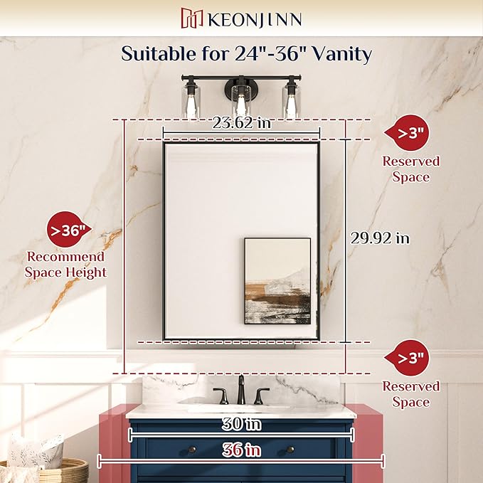 Keonjinn 24” x 30” Black Bathroom Medicine Cabinets with Mirror Recessed or Surface Wall-Mounted Aluminum Alloy Metal Framed Beveled Bathroom Mirror, Large Single Door Farmhouse Storage Cabinet Mirror