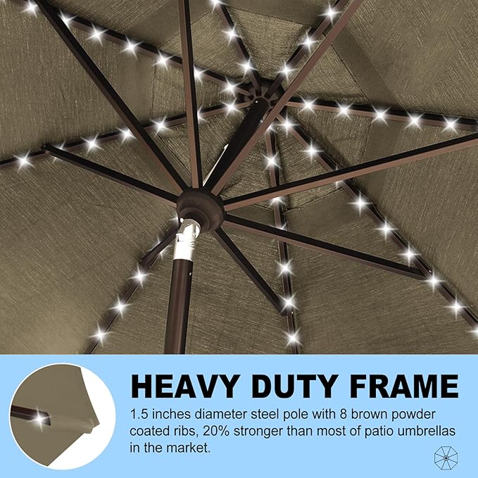 Eurmax USA 10-Year-Non-Fading 10Ft Solar Market Umbrella Outdoor Patio Umbrella Table Umbrella with LED Lights,8 Ribs,Hand Crank and Ventilation (Taupe)