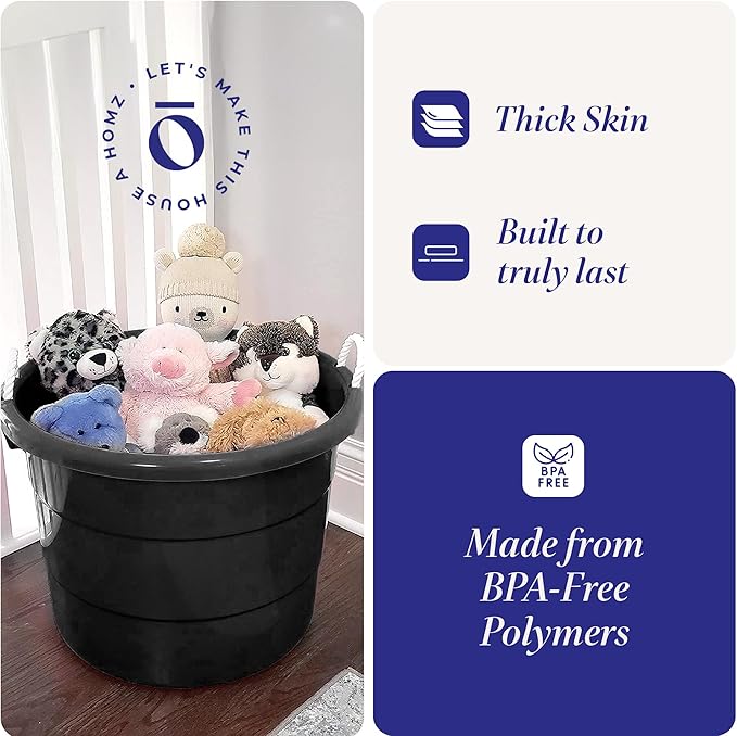 Homz 18 Gallon Plastic Multipurpose Utility Storage Bucket Tub with Strong Rope Handles for Indoor and Outdoor Use, Black, (2 Pack)