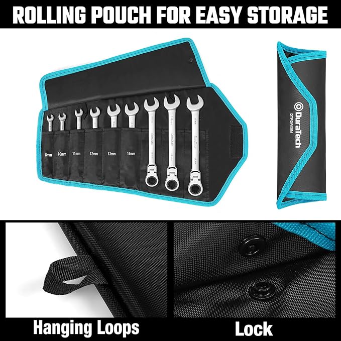 DURATECH 9-Piece Flex-Head Ratcheting Wrench Set, Combination Wrench Sets, 72 Tooth, Metric, 8, 10, 11, 12, 13, 14, 15, 16, 17mm, CR-V Steel, with Rolling Pouch