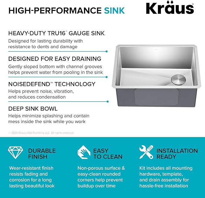 Kraus KHU111-25 Standart PRO 16 Gauge Undermount Single Bowl Stainless Steel Kitchen Sink, 25 Inch