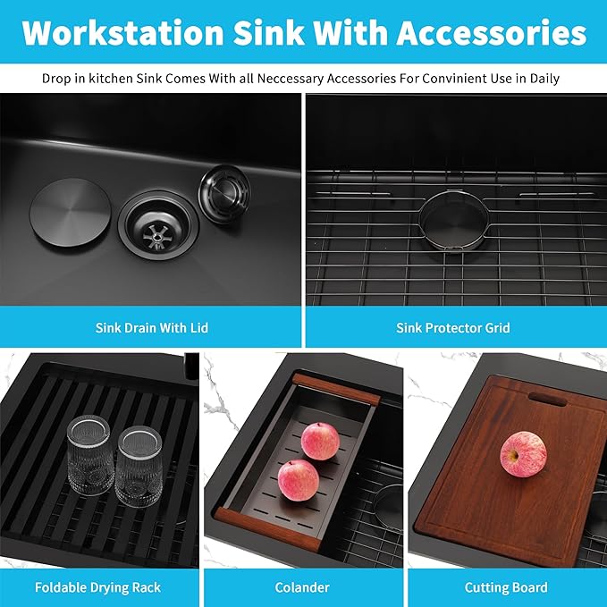 Drop In Black Kitchen Sink,Stainless Steel Sink 16 Gauge,Single Bowl Workstation Sinks (Black, 28" X 22")