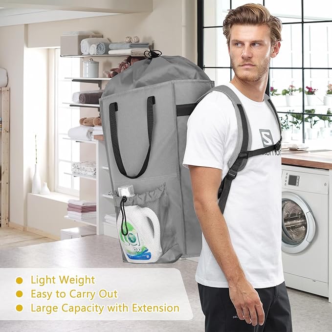 Laundry Bag Backpack Extra Large, 110L Laundry Backpack Heavy Duty with Shoulder Straps, Collapsible and Mesh Pocket Dorm Laundry Basket Hamper Bag for College, Travel, Laundromat, Apartment Grey
