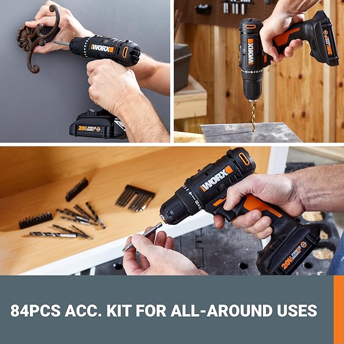 Worx 20V Cordless Drill Driver, 84pc Accessory Kit, Variable 2-Speed, 265 In-Lbs Torque, 20+1 Clutch, Lightweight, Compact, 3/8-Inch Keyless Chuck - Battery & Charger Included