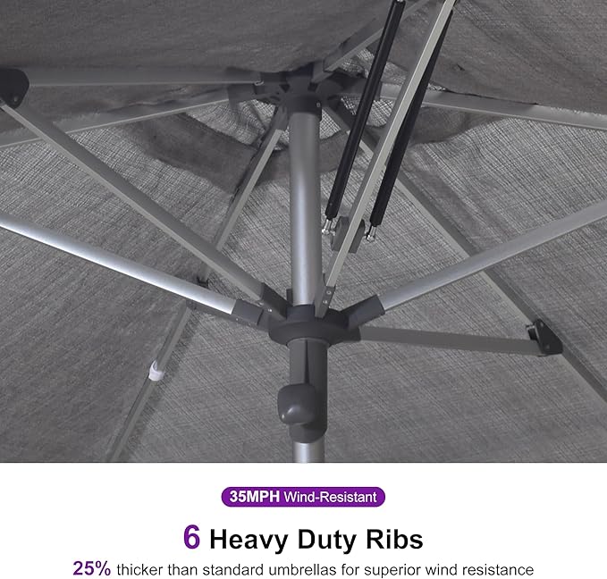 PURPLE LEAF 6 X 10 FT Semi-Auto Outdoor Patio Umbrella with Base Market Table Sun Umbrellas with 6 Aluminum Sturdy Ribs for Backyard Deck Garden Pool (Silver Pole Gray Canopy)