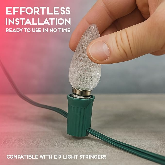 HLO Lighting Set of 25 Pink C9 Faceted LED Christmas Light Bulbs for Indoor & Outdoor Use | Durable Replacement Bulbs