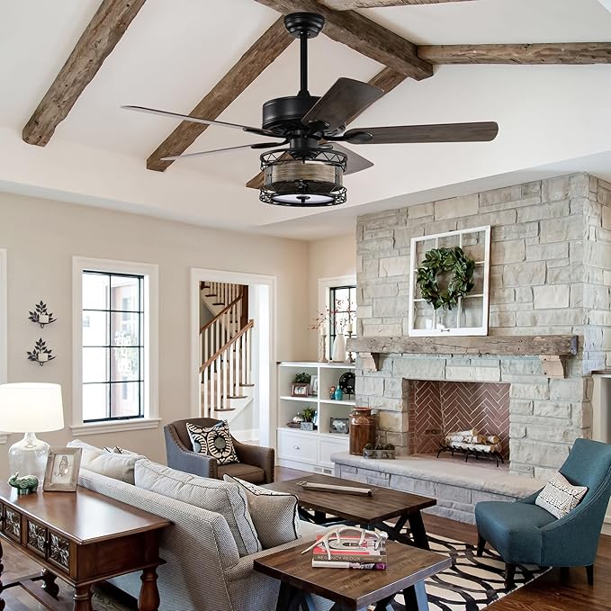 NicBex Ceiling Fan 52 Inch Ceiling Fan with Lights Vintage Ceiling Fans with 5 Blades and Remote Control Reversible Ceiling Fan with Lamp Shade for Bedroom, Living Room, Matte Black