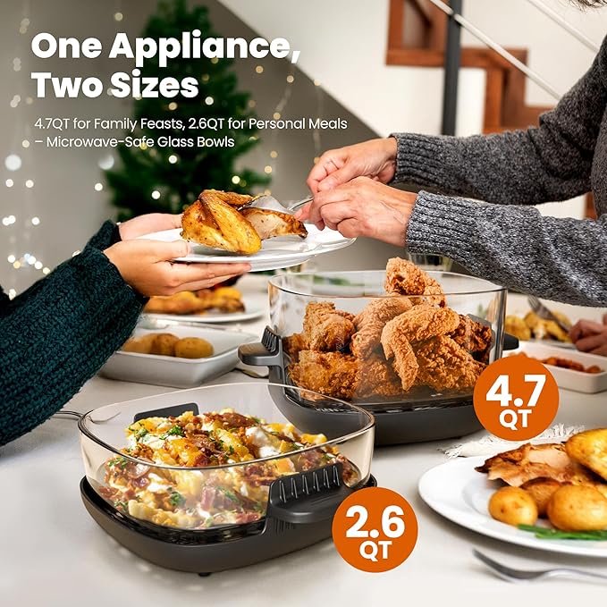 Kismile 5-in-1 Portable Glass Air Fryer, 2.6QT & 4.7QT Dual Glass Containers with Lids, 85% Less Oil, Compact Smart Air Fryer Oven for Deep Roast, Crisp, Keep Warm – Freezer & Dishwasher Safe