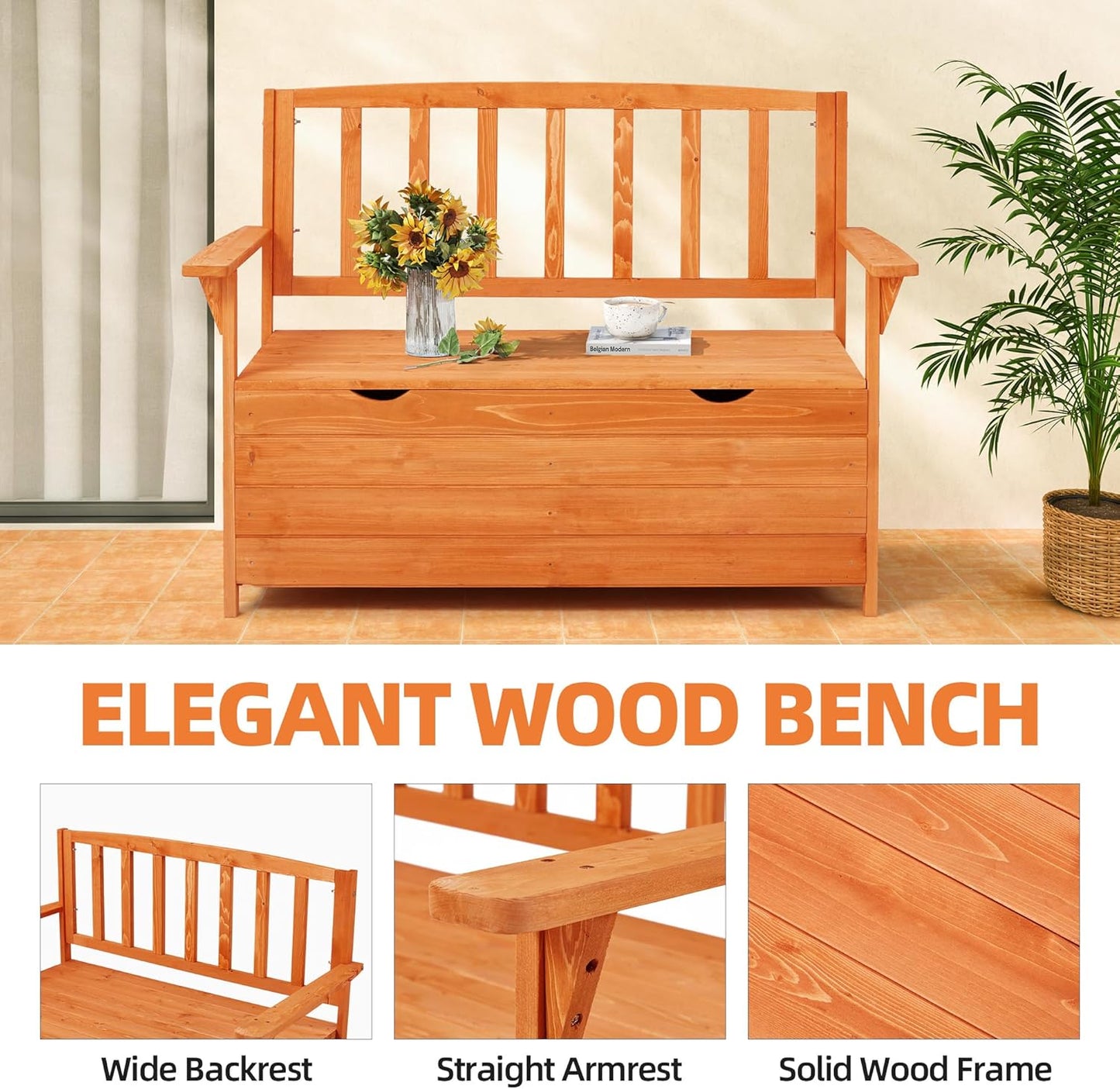 AVAWING Outdoor Storage Bench, Wooden Garden Bench Weatherproof, Patio Benches for Outside, 2-Seat Front Porch Bench, Park Bench for Deck, Lawn, Backyard(Natural)