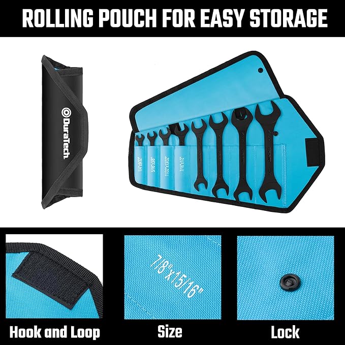 DURATECH Super-Thin Open End Wrench Set, SAE, 8-Piece,1/4" to 1-1/16", Black Electrophoretic Coating, with Rolling Pouch