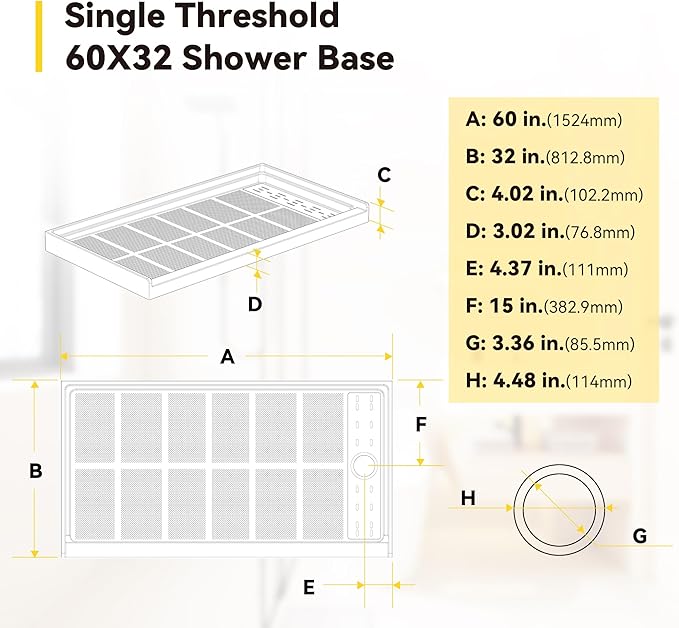 Sunrosa Shower Base 60"×32"×4", Single Threshold Shower Bases with Right Drain, Rectangle Solid Surface White Shower Pan, Slip Resistant Textured Surface, Include Stainless Steel Chrome Cover