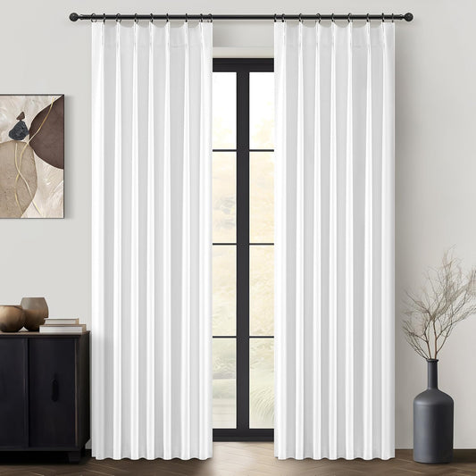 Solid White Blackout Varil Drapes 84 Inch Length 2 Panels Set for Bedroom, Modern Pinch Pleated Curtains Sun/Heart Block Privacy Linen Textured Living Room Window Curtains Hook Back Tab 7FT Decor Burg