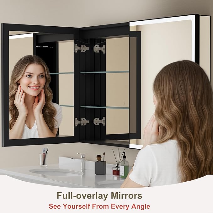 32x32 Inch Led Lighted Medicine Cabinet with Mirror, Recessed or Surface Mount Bathroom Medicine Cabinet, Anti-Fog, Adjustable Shelf, Dimmable Light, Outlets & USB, ETL Listed, Black