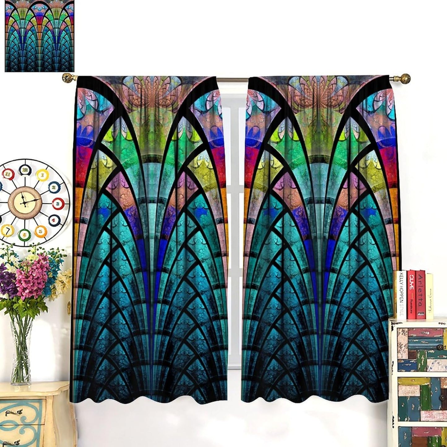 Stained Glass Curtains,Retro Design Style Colorful Abstract Art Home Decor Drapes for Bedroom Living Room Kitchen Window Treatment 2 Panels Set Total Size 52" W X 84" L Inch
