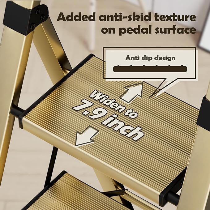 Taranta 5 Step Ladder, Portable Folding Ladder with Wide Pedal, Lightweight Aluminum Step Stool with Convenient Handgrip, 330 lbs Capacity Stepladder for Home, Office - Gold