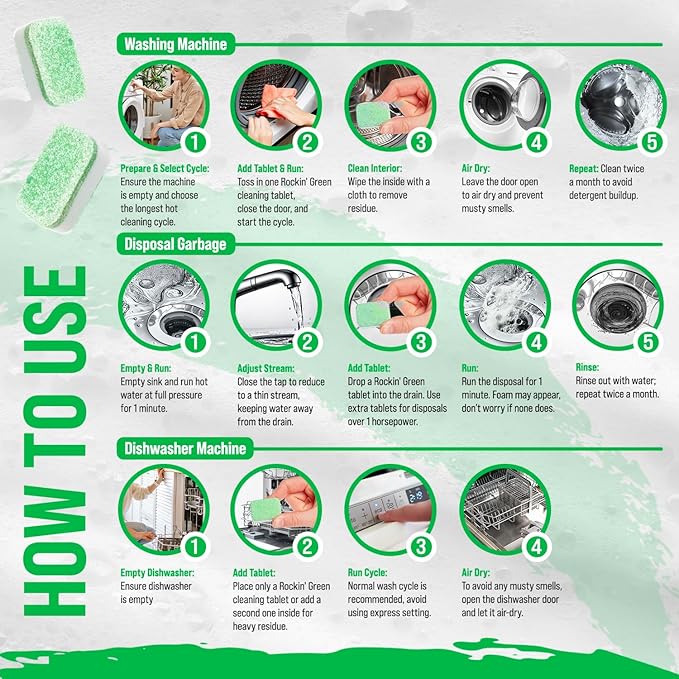 Rockin' Green Deep Cleaning and Deodorizing Tablets for Dishwashers, Washing Machines, and Garbage Disposals, Removes Odor and Residue (Multi-purpose Cleaning Tablets, 24 Pack)
